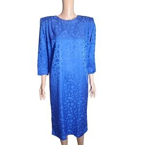 Vintage Size 10 Silk Blue 80's Shift Dress Structured Shoulder Zip Midi Trendy